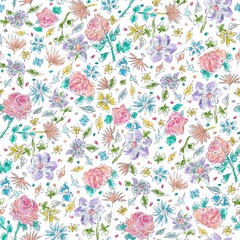 Seamless pattern with roses and wildflowers