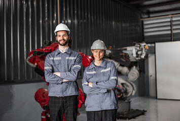 Confident robotic team, including women in non typically male-dominated field, crosses arms...