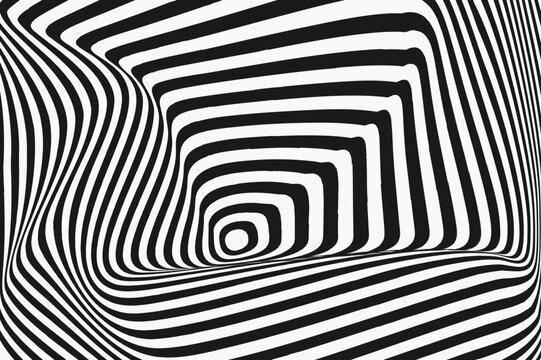 Optical Art of minimal black and white color. Abstract illusion psychedelic spiral. Hypnotic Pattern. Background curve vector line for banner, cover, poster, card.  Vector illustration.