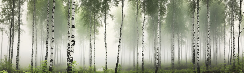 Fototapeta premium panorama of a green birch forest in the fog, long frame. Generative AI