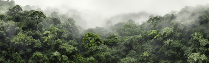 panorama of the rainforest tree tops in the fog. Generative AI - obrazy, fototapety, plakaty
