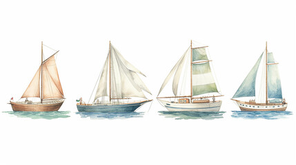 set, a collection of watercolor drawing of a boat with a sail. generative ai