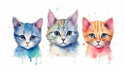 Fototapeta na wymiar multicolored watercolor cats on a white background isolated. generative AI