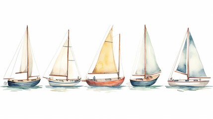set, a collection of watercolor drawing of a boat with a sail. generative ai