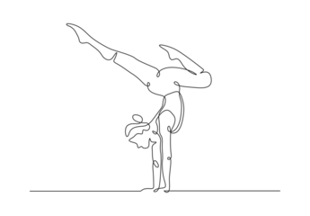 Fotobehang Een lijn Continuous one line drawing of yoga girl. Workout concept of woman exercise standing with hands. Vector illustration minimalism sport theme design.