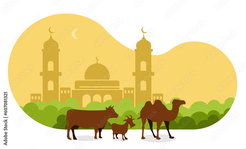 Sticker eid al adha design banner with sacrificial animals