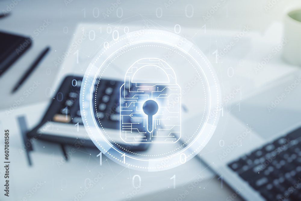 Aufkleber virtual creative lock sketch with chip hologram on calculator and pc background, protection of perso