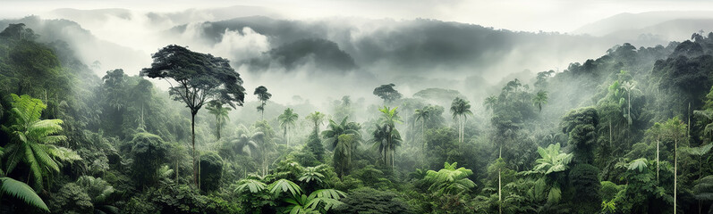 panorama of the rainforest tree tops in the fog. Generative AI - obrazy, fototapety, plakaty