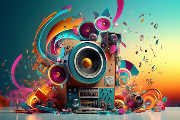 Fototapeta colorful neon background musical style theme abstract musical instruments 3d layout. Generative AI obraz