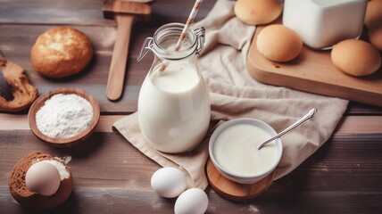 Fototapeta na wymiar milk and eggs on wooden table Generative AI