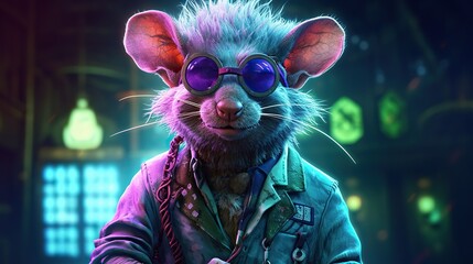 Lab rat as mad scientist or crazy professor cartoon character. Generative AI - obrazy, fototapety, plakaty
