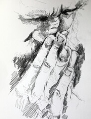 drawing of an old man holding his hands to his face and praying