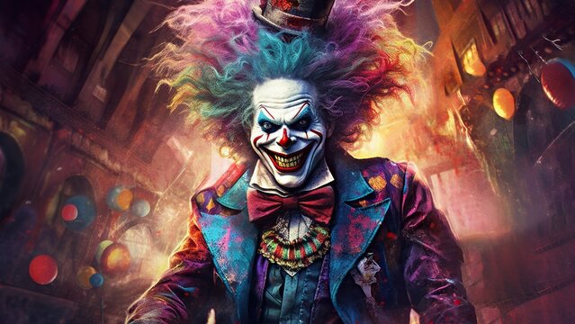 Evil clown face. Portrait of scary spooky clown monster from horror movie with vintage circus on background. Generative AI