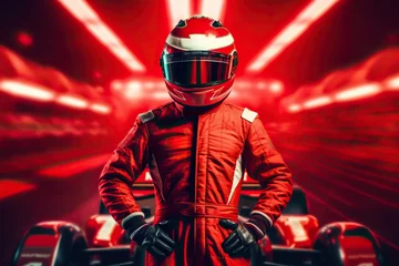Peel and stick wall murals F1 Portrait of F1 driver wearing helmet, formula one pilot standing on race track after competition. Generative AI