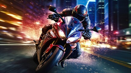 Fototapeta na wymiar Motorcycle chase, epic scene from action movie, hero on motorbike escapes from the police, explosion on background. Generative AI