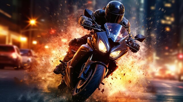 Motorcycle chase, epic scene from action movie, hero on motorbike escapes from the police, explosion on background. Generative AI