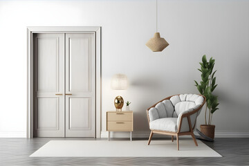 Modern living room interior with door and armchair 3d rendering