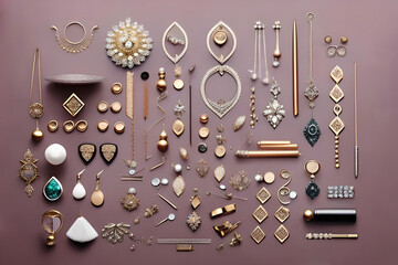 an elegant flat lay showcasing a collection of delicate jewelry pieces on a velvet backdrop