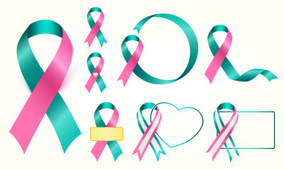 The pink and teal ribbon is used to support many causes related to Breast Cancer Awareness, such as different forms of breast cancer and the combination of ovarian and breast cancer.