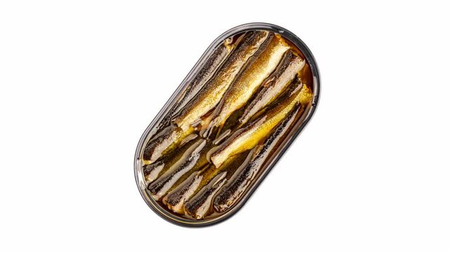 Sprats in oil, tin can, rotating on white background, turning, top view
