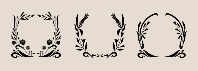 Art nouveau flower frame. Flower and leaf border, branch, wreath, garland decoration. Botanical vector illustration. Vintage antique classic floral graphic element. 