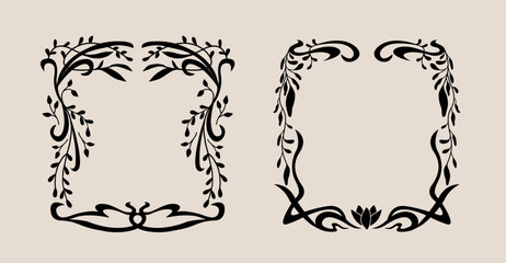 Art nouveau flower frame. Flower and leaf border, branch, wreath, garland decoration. Botanical vector illustration. Vintage antique classic floral graphic element. 