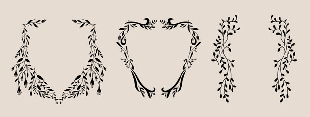 Art nouveau flower frame. Flower and leaf border, branch, wreath, garland decoration. Botanical vector illustration. Vintage antique classic floral graphic element. 