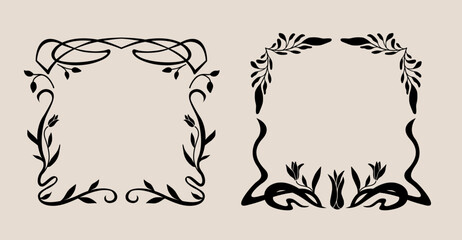 Art nouveau flower frame. Flower and leaf border, branch, wreath, garland decoration. Botanical vector illustration. Vintage antique classic floral graphic element. 