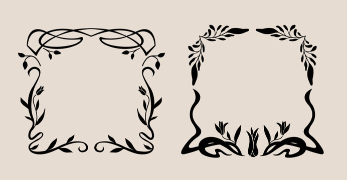 Art nouveau flower frame. Flower and leaf border, branch, wreath, garland decoration. Botanical vector illustration. Vintage antique classic floral graphic element. 