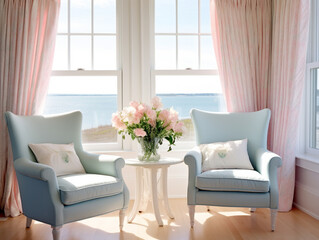A living room with 2 wingback chairs with stained wood legs in front of a large window overlooking the ocean. The window features pale silk curtain panels at each end. Side table and flowers. 