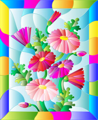 Stained glass illustration with a bouquet of abstract daisies on a blue background , in a bright frame