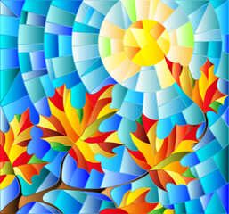 An illustration in the style of a stained glass window with autumn maple leaves on a blue sky background