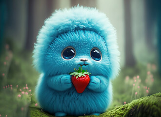 Blue cartoon character holding strawberries. Generative AI