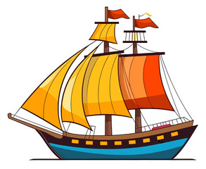 Toy ship with sails. Childish, ship vector illustration.