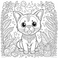 Imagem para colorir filhote de gatos em pé. Com plantas e ramos flores ao fundo