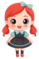 Baby doll in a black dress. Vector illustration of a little girl.