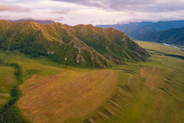 Aerial Landscape beautiful waterfall river around Multinskoye lake in mountains Altai, top view