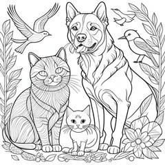 Obraz premium Imagem para colorir, gatos e vários pássaros, cachorro. Com plantas e folhas