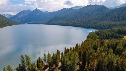Aerial top view Summer Landscape beautiful Multinskoye lake mountains Altai