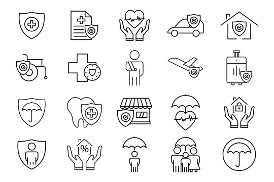 Insurance And Assurance Icon Set. Health Insurance, Travel, Renters, Life Insurance. Line Icon Style Design. Simple Vector Design Editable