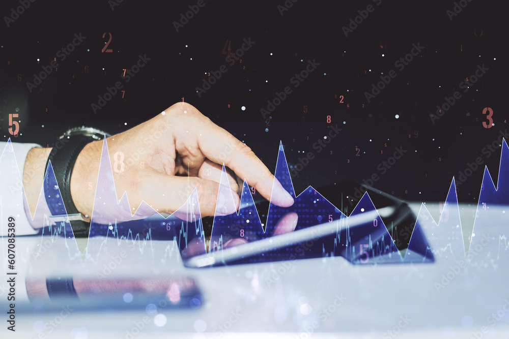 Poster Multi exposure of abstract statistics data hologram interface and hand working with a digital tablet on background, computing and analytics concept