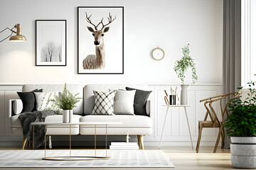 Scandinavian living room interior, wall mockup, 3d render