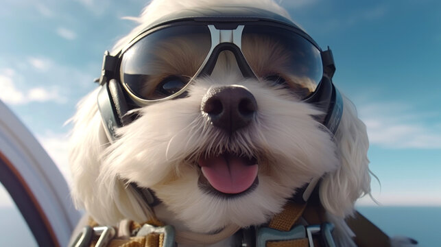 Cute little white parachutist dog in big safety glasses and overhead headphones. Preparation of uniforms for a parachute jump. Generative AI.