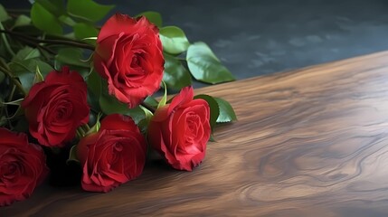 red roses bouquet on wooden table 