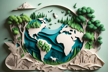paper cut of a  green eco-city in the background to represent the concept of renewable energy and sustainable living.