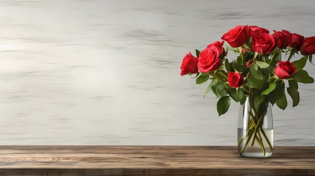 bouquet of red roses in a vase with copy space