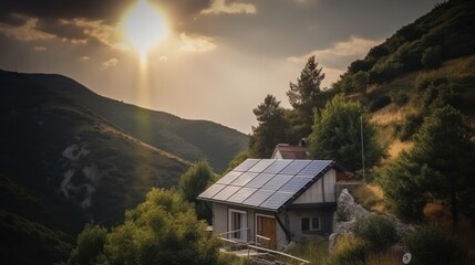eco-friendly house with solar panels on the roof surrounded by green nature. Generative AI
