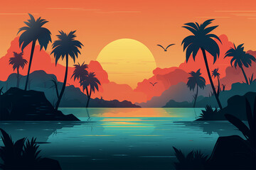 Abstract color tropical island landscape illustration.Created with generative ai