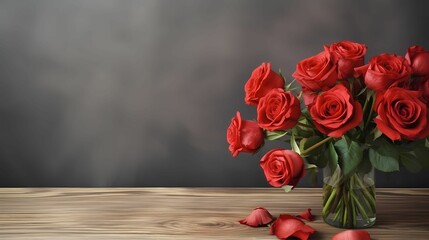 bouquet of red roses in glass vase on wooden table 