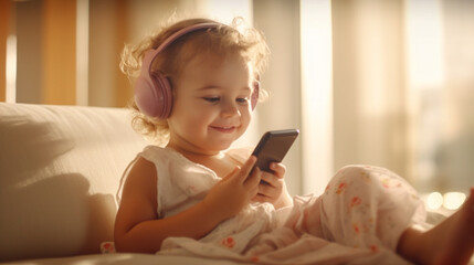 Fototapeta premium kid girl at home with headphones on the sofa in the living room near the window with sunlight at day